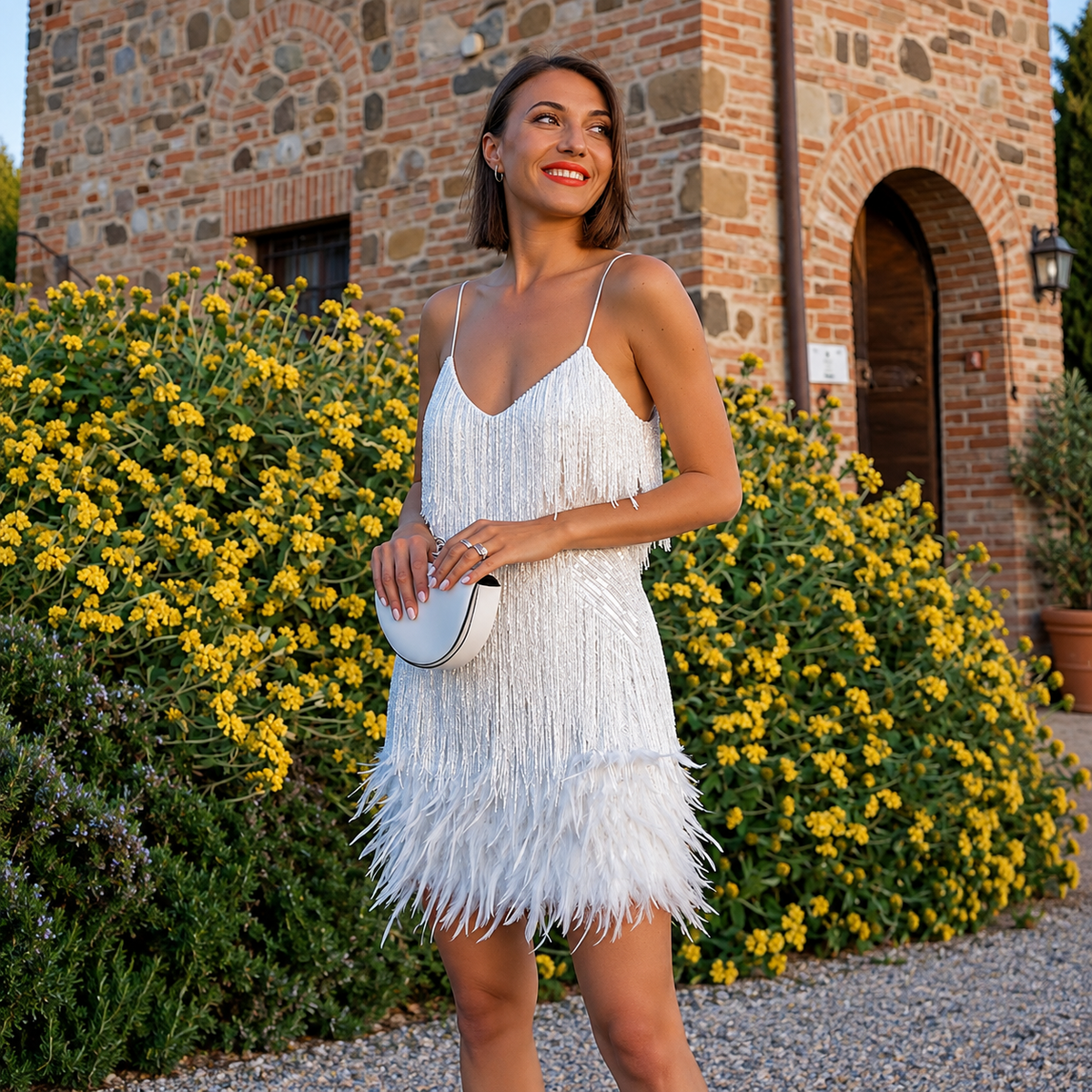 Mary - Elegantes Kurzes Partykleid mit Federn