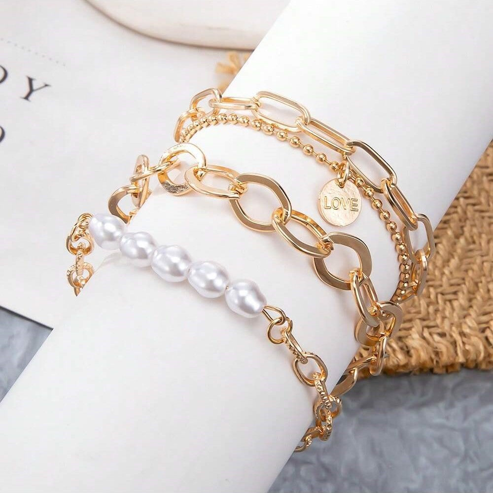 Set mit 3-teiligem goldenen Perlenarmband - großes Kettenset