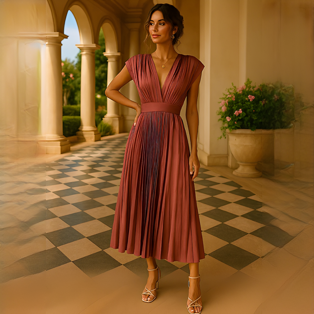 Elvira - Chic Midi-Kleid mit V-Ausschnitt und Falten