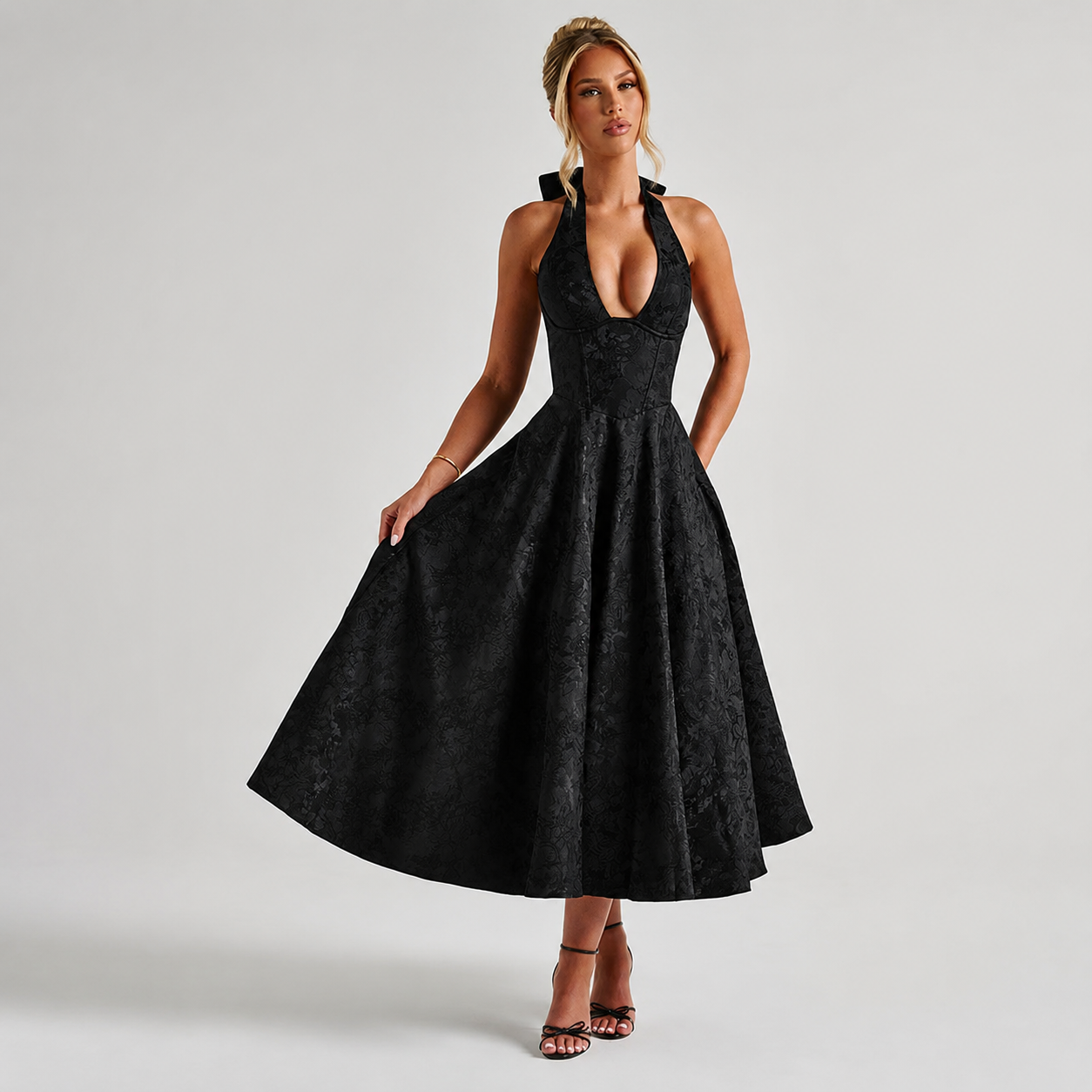 Dahlia - Elegantes ärmelloses Kleid mit V-Ausschnitt und Neckholder