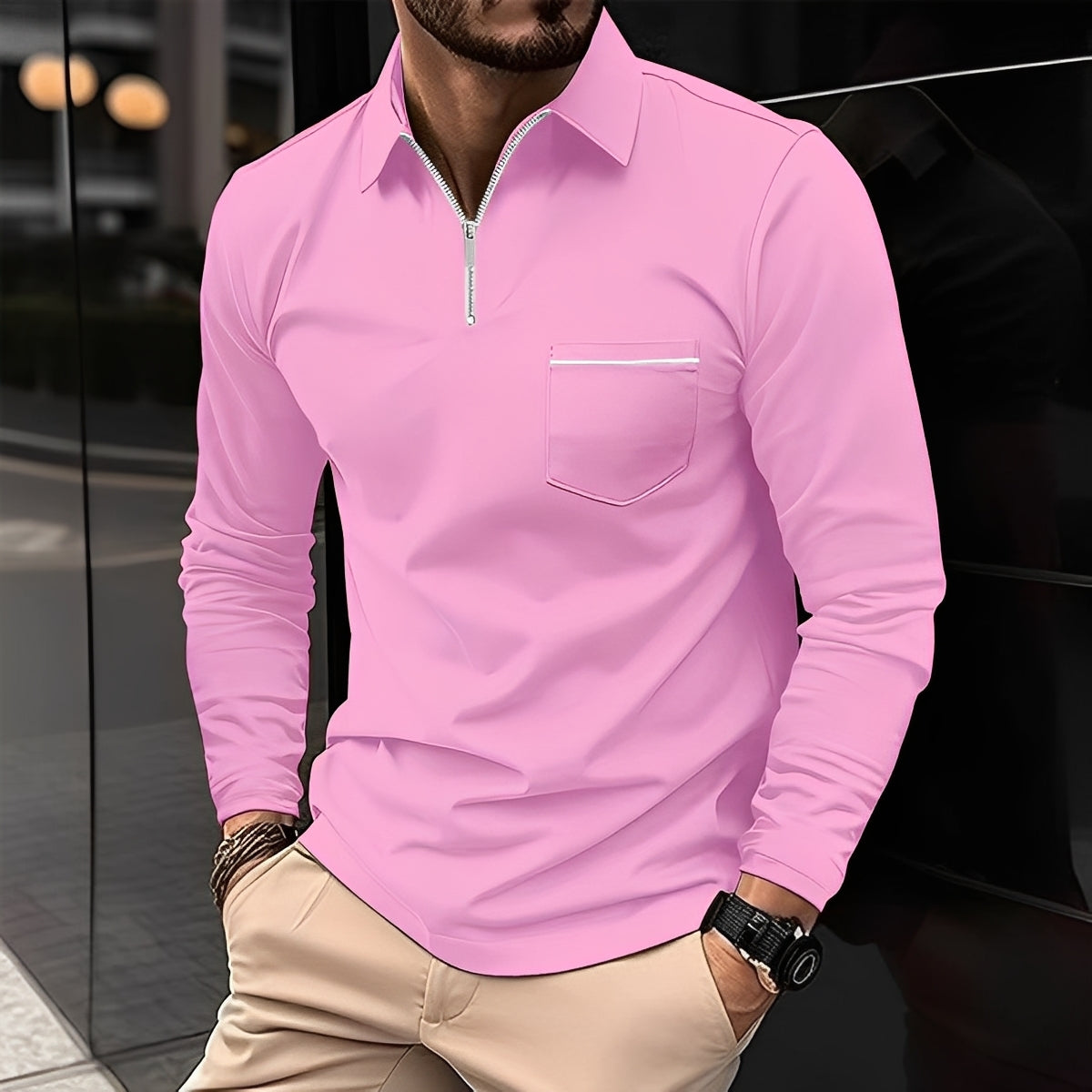 Florent - Herrenpolo mit langen Ärmeln und Zipper