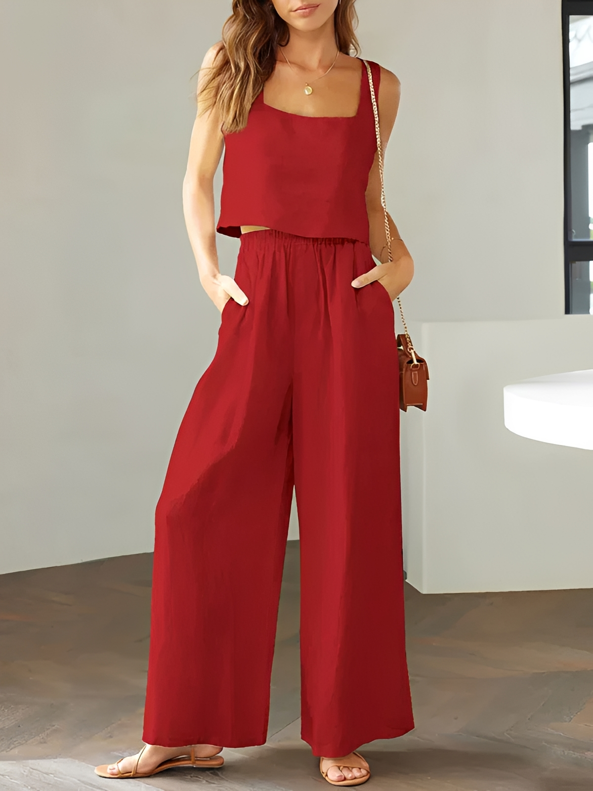 Pia - Lässiges Set mit eckigem Ausschnitt für Oberteil und Hose