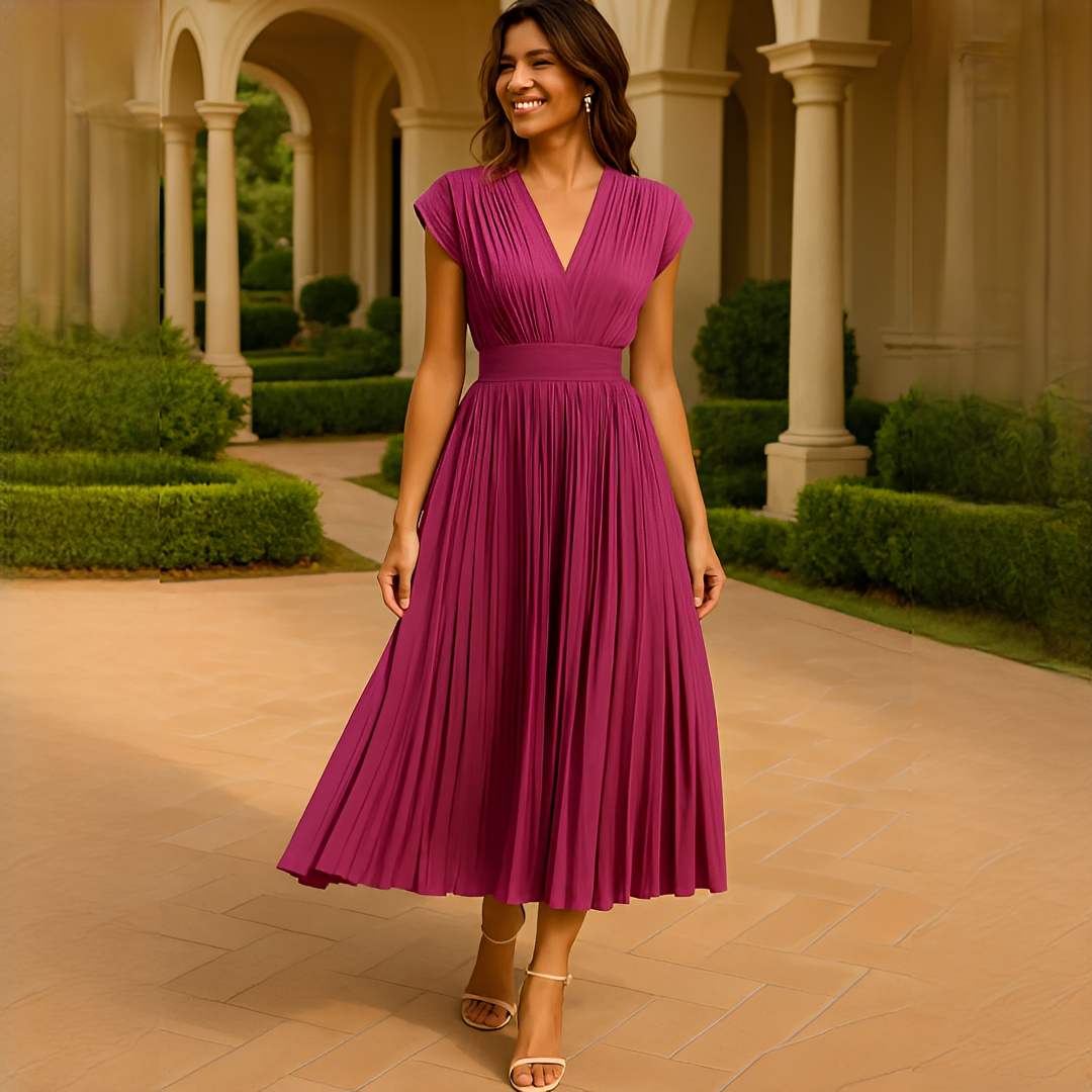 Elvira - Chic Midi-Kleid mit V-Ausschnitt und Falten