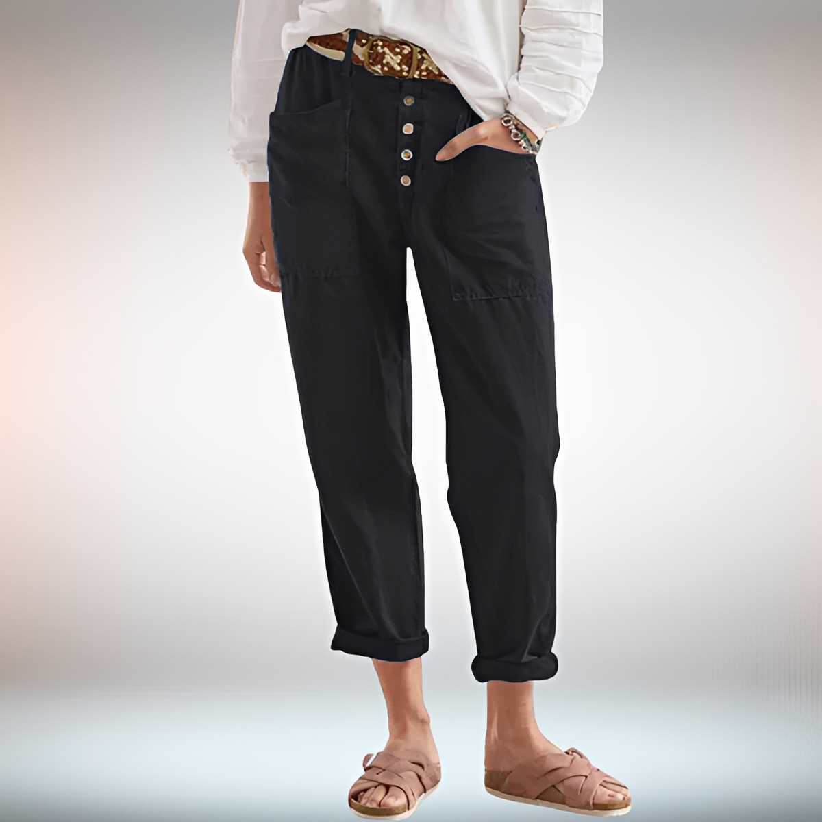 Rhonwen - Elegante, locker geschnittene Hose mit Knöpfen