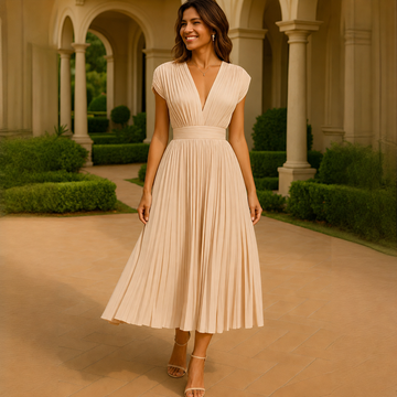 Elvira - Chic Midi-Kleid mit V-Ausschnitt und Falten