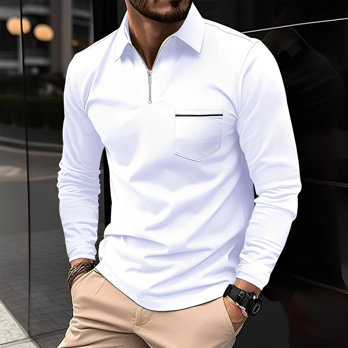 Florent - Herrenpolo mit langen Ärmeln und Zipper