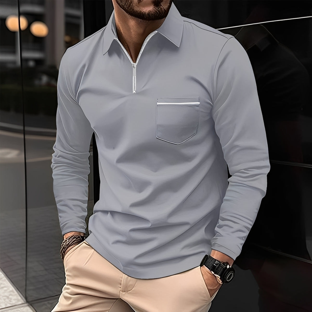 Florent - Herrenpolo mit langen Ärmeln und Zipper