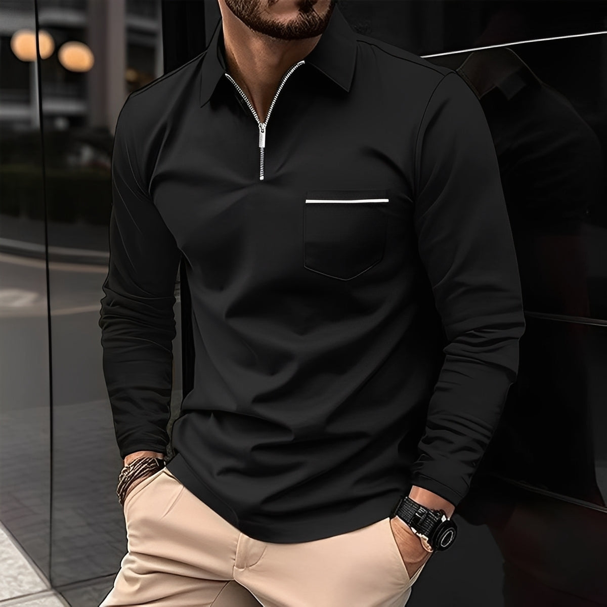 Florent - Herrenpolo mit langen Ärmeln und Zipper