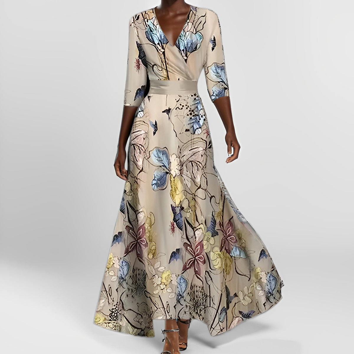 Delores - Lang geschnittenes Kleid mit Blumenmuster und langen Ärmeln