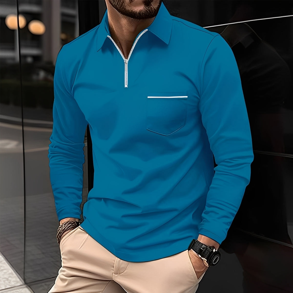 Florent - Herrenpolo mit langen Ärmeln und Zipper