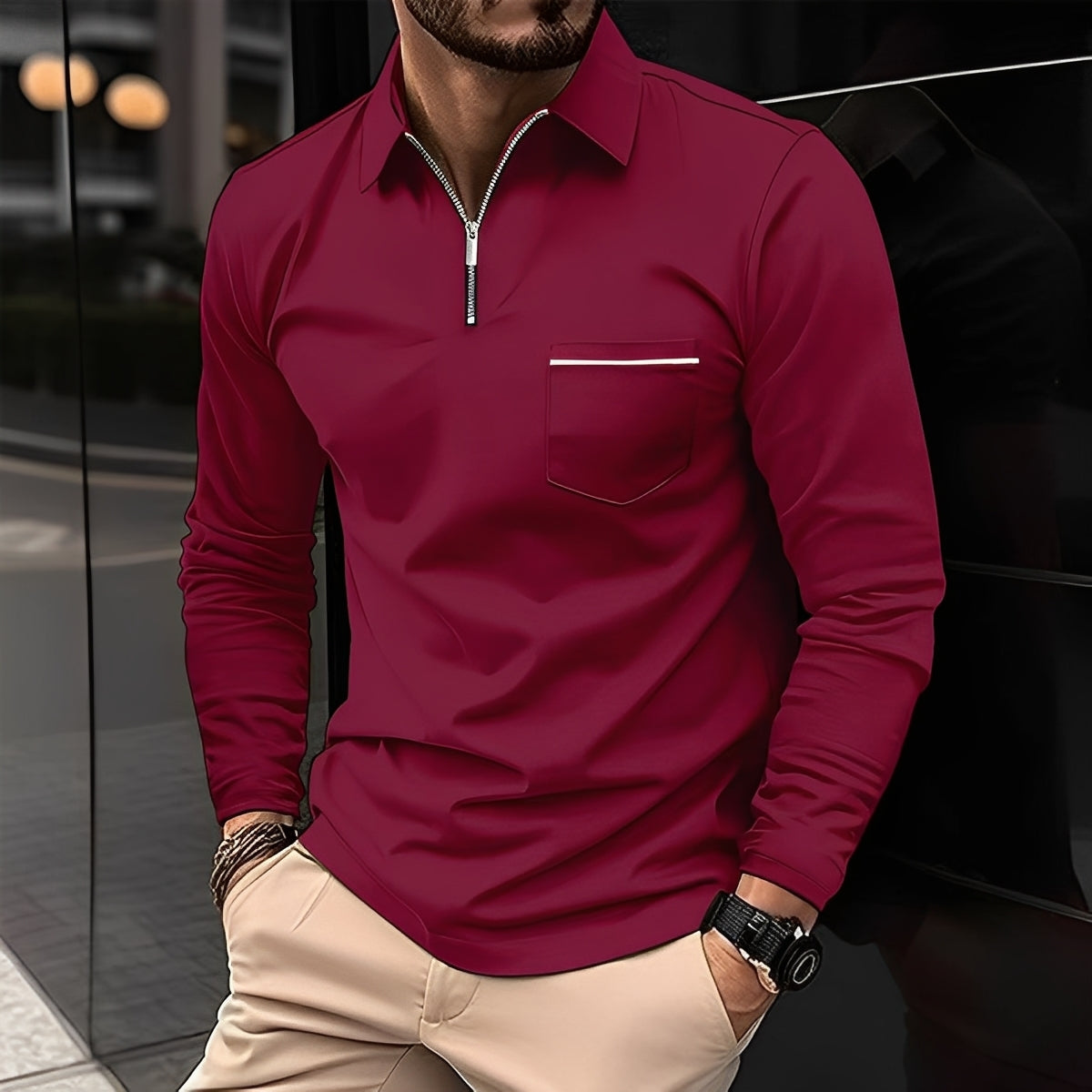Florent - Herrenpolo mit langen Ärmeln und Zipper
