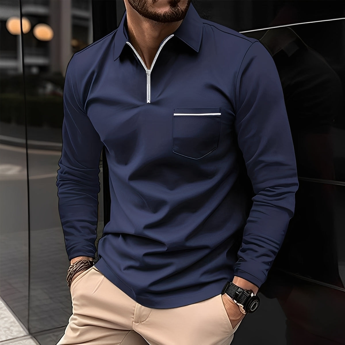 Florent - Herrenpolo mit langen Ärmeln und Zipper