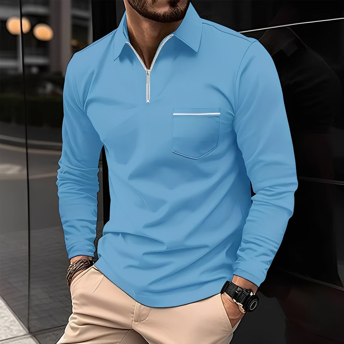 Florent - Herrenpolo mit langen Ärmeln und Zipper