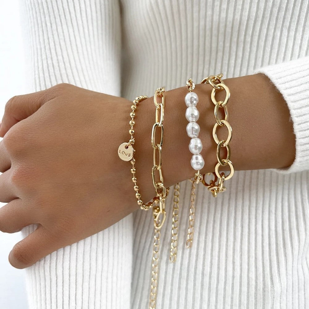 Set mit 3-teiligem goldenen Perlenarmband - großes Kettenset