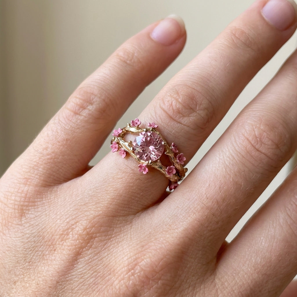 Elina – Verzauberter goldener Ring mit pinkem Kristall und Blumen