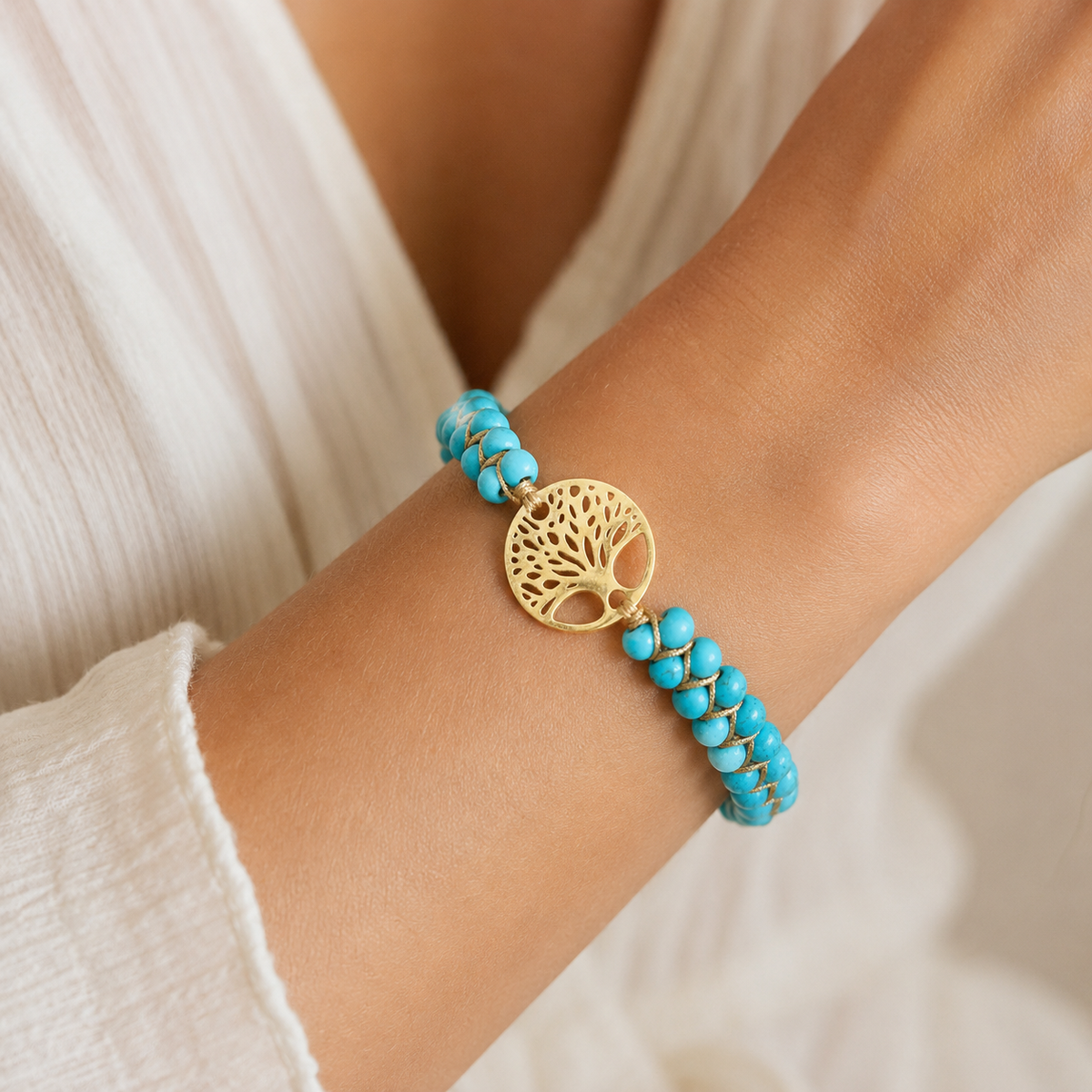 Arboréa – Handgefertigtes Armband mit Baum des Lebens und Türkis