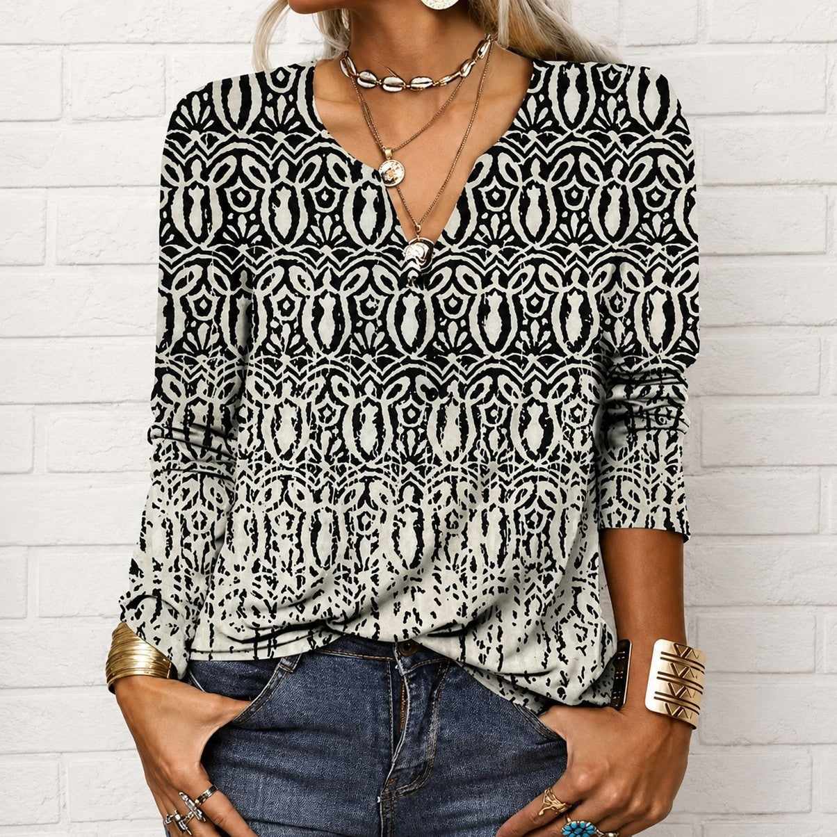 Katharina - Langarm-Boho-Bluse mit V-Ausschnitt