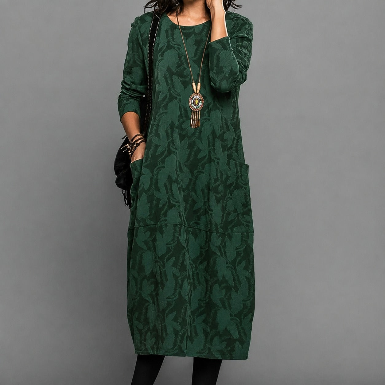 Alisha - Muster-Midi-Kleid mit langen Ärmeln