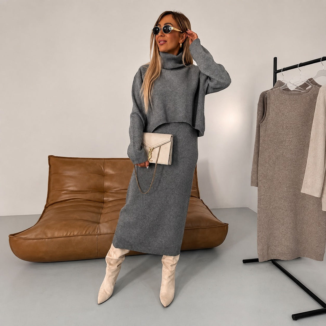 Odette - Bequemes Set mit Kleid und Rollkragenpullover