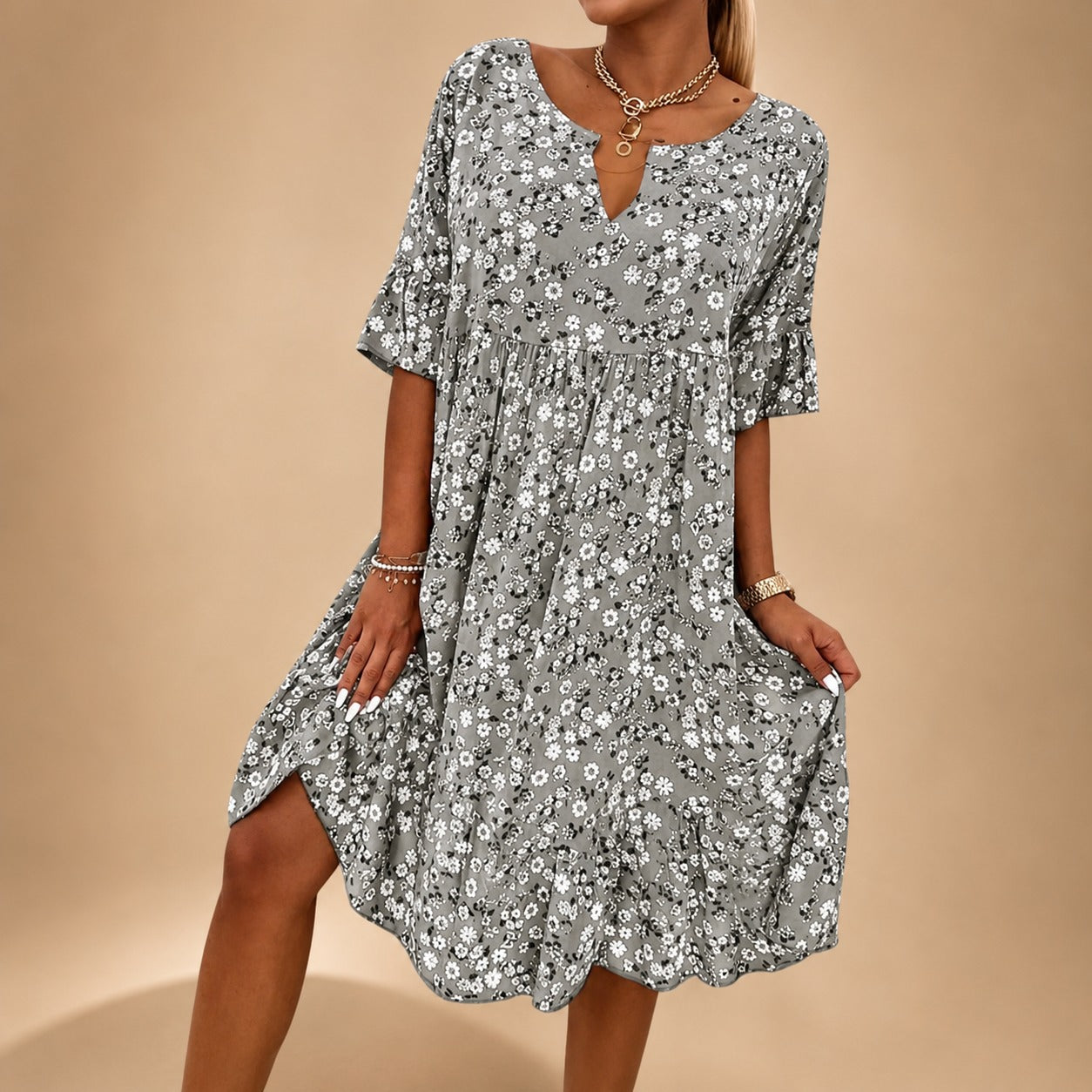 Lilian - Anmutiges Kleid mit Blumendruck und fließendem Schnitt