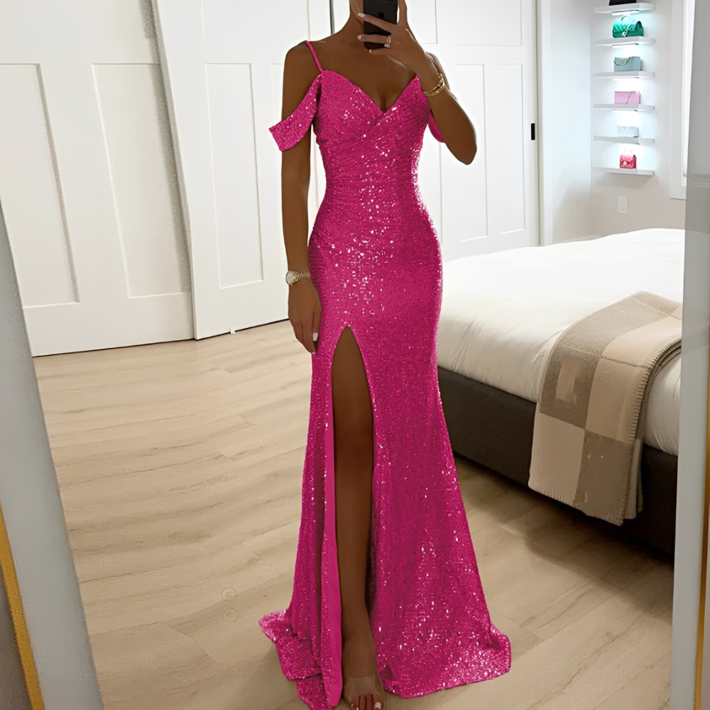 Lorena – Damen Abendkleid mit Pailletten, offenen Schultern und Schlitz