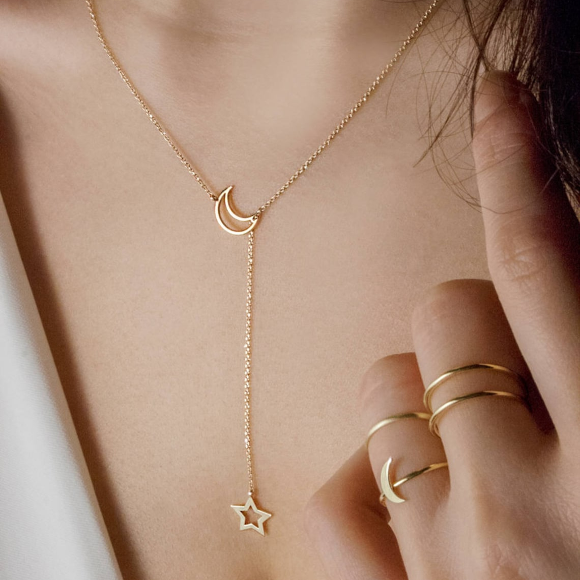 Mond und Sterne - Lariat-Halskette