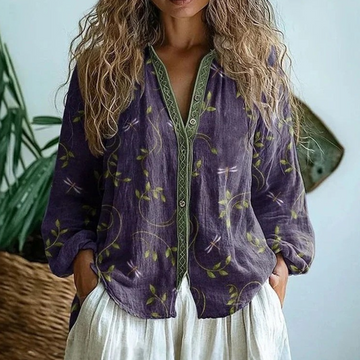Bluse Damen Knopffront V-Ausschnitt, Langarm, entspannter Schnitt, bestickte Knopfleiste und Blattprint