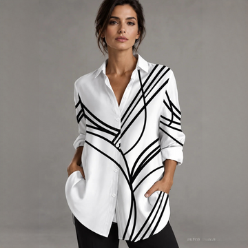 Bluse Damen Knopfverschluss Langarm Kragen, lockere Tunika-Silhouette, abstraktes Linienmuster, Seitentaschen