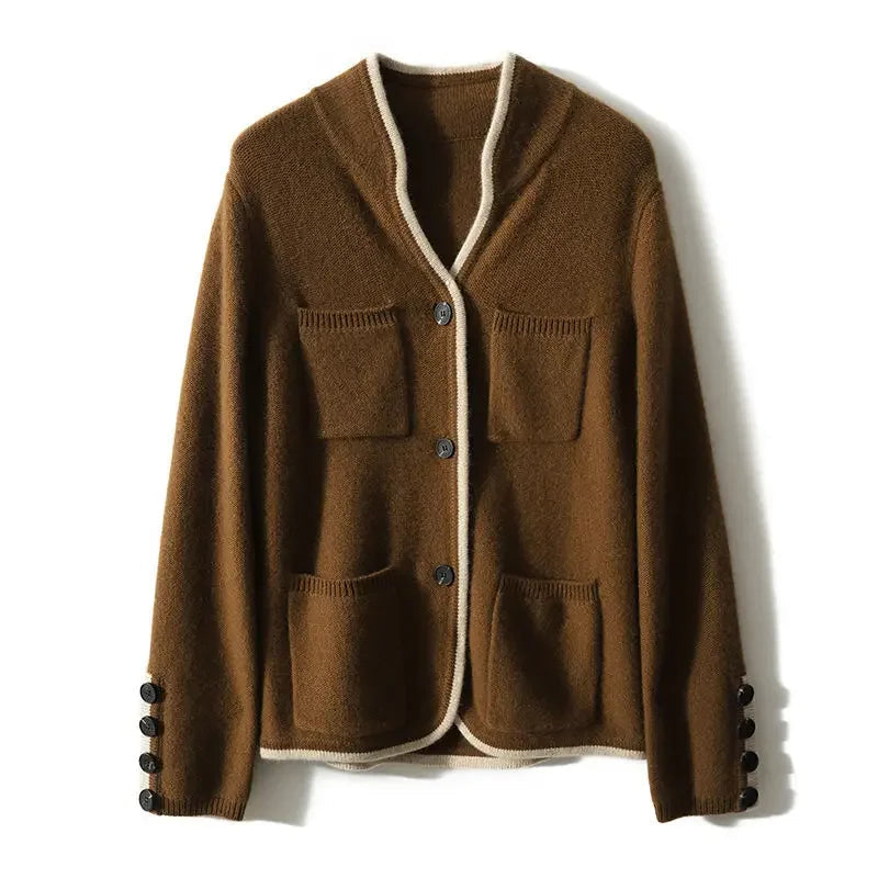 Cardigan für Damen - Knopfverschluss mit Taschen und Kontrastbesatz