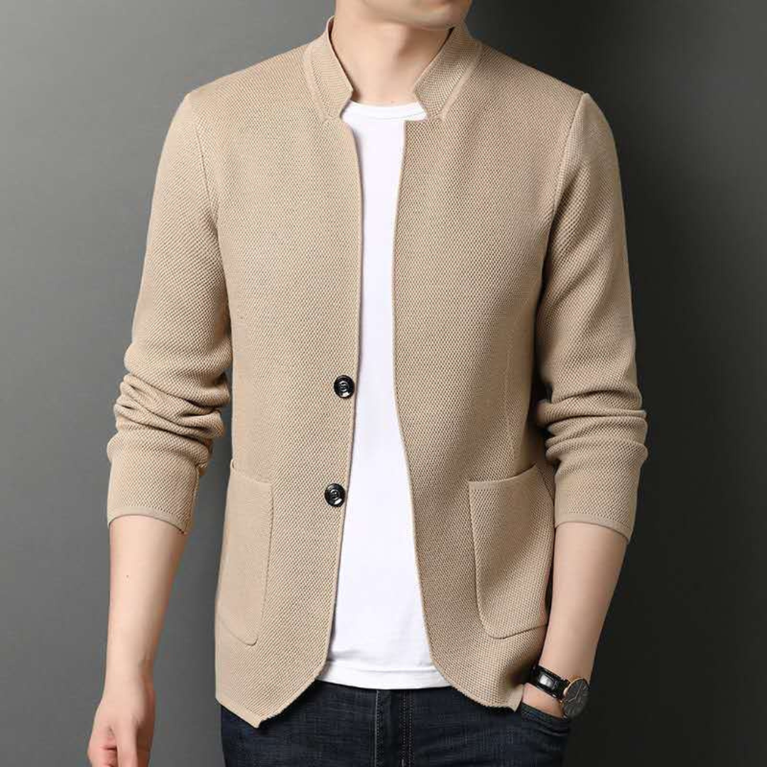 Cardigan für Herren Standkragen – Zwei Knöpfe Vorderseite, Patch-Taschen, Slim-Fit