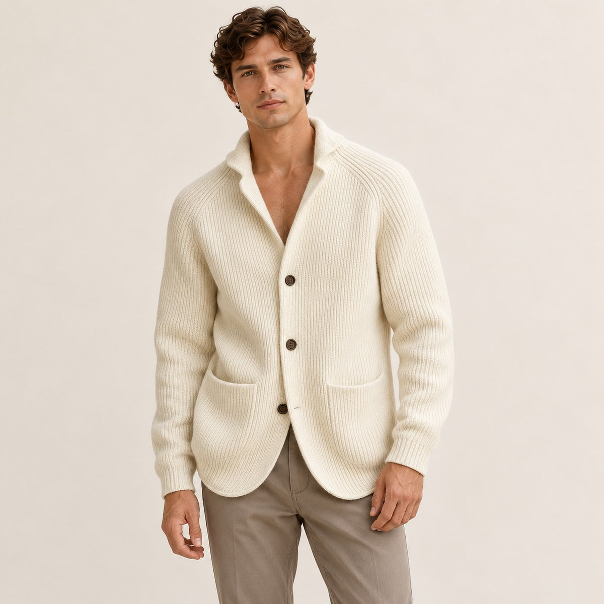 Cardigan Herren mit Knopfverschluss, Schalkragen, Raglanärmel, Patch-Taschen, taillierte Passform
