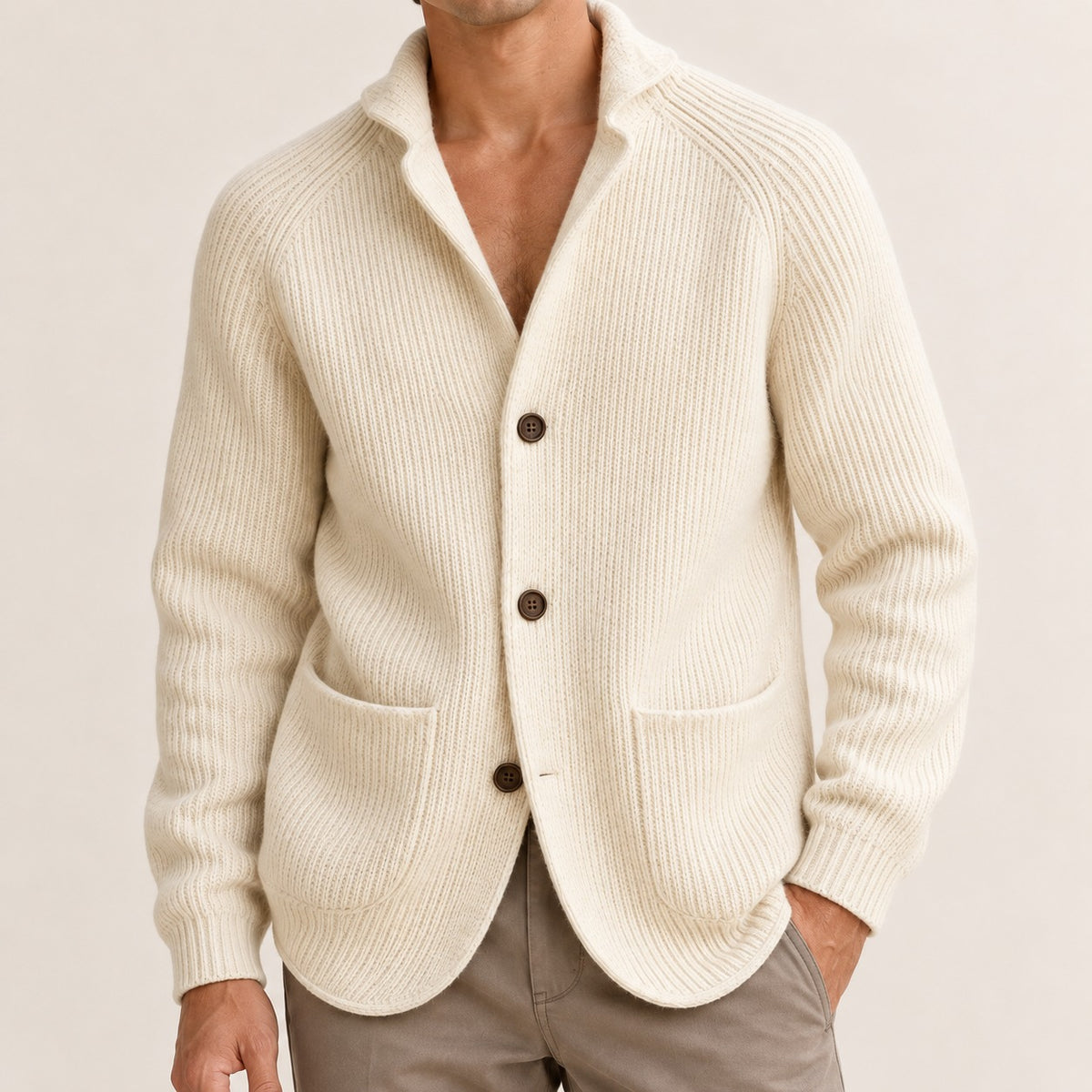Cardigan Herren mit Knopfverschluss, Schalkragen, Raglanärmel, Patch-Taschen, taillierte Passform