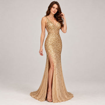 Damen Abends Kleid ärmellos V Ausschnitt eng taillierter Mermaid Silhouette Schlitze links Oberschenkelhöhe