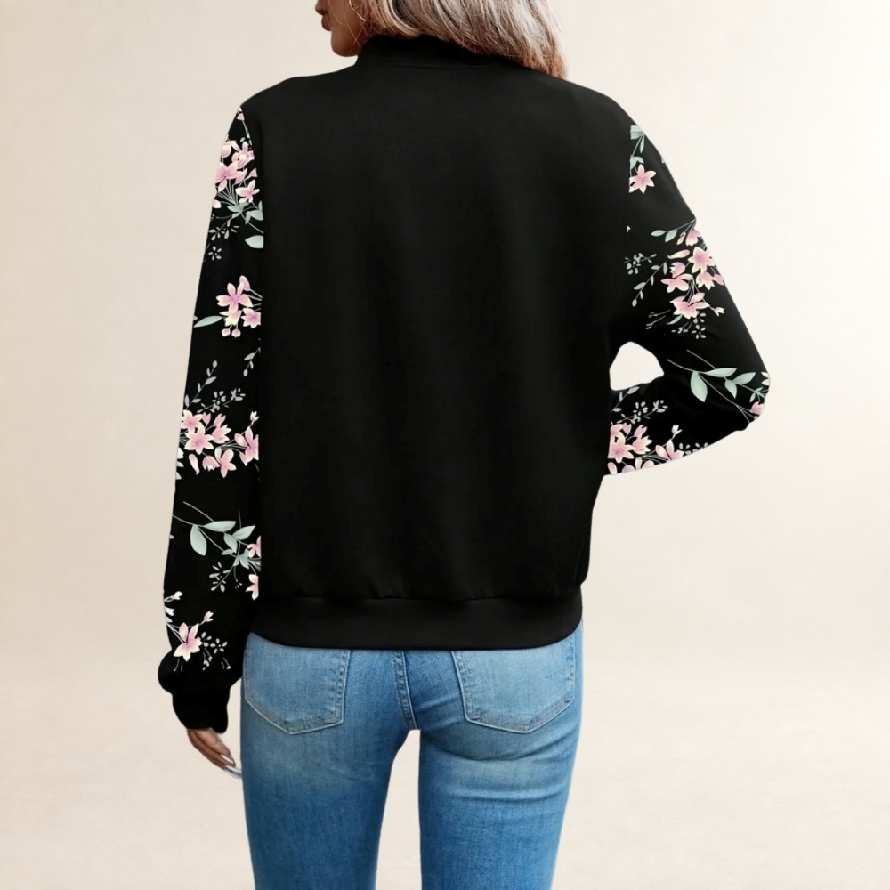 Damen Übergangsjacke mit Reißverschluss und floralem sowie Leo-Muster an den Ärmeln