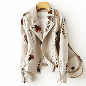 Damen Bikerjacke mit Blumenstickerei und Nieten-Details - Schmale Passform