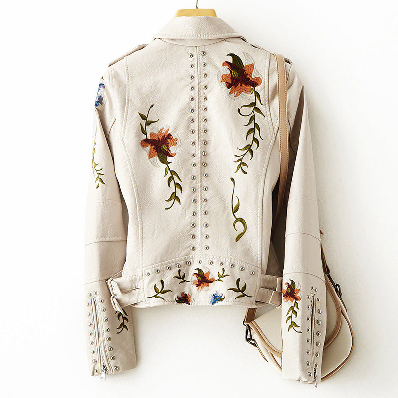 Damen Bikerjacke mit Blumenstickerei und Nieten-Details - Schmale Passform