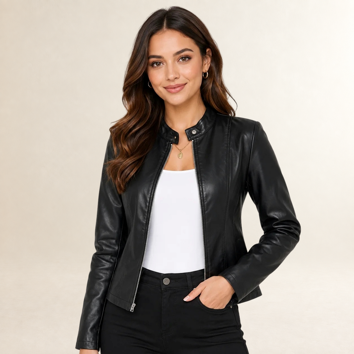 Damen Bikerjacke mit Stehkragen und Reißverschluss - Strukturierter Schnitt