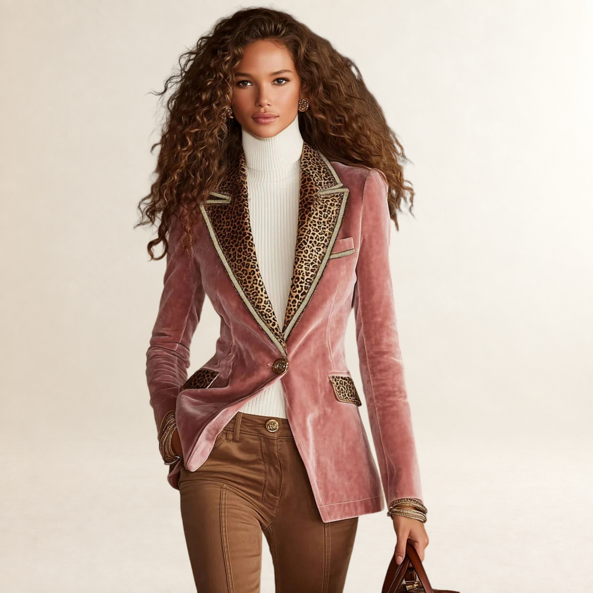 Damen Blazer Ein-Knopf Leo-Print Reverskragen Tailored Fit