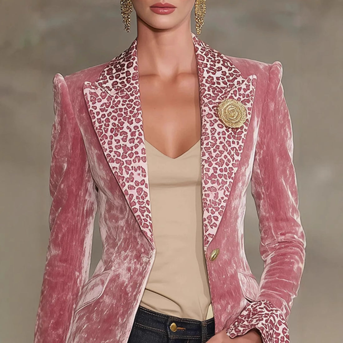 Damen Blazer Leo-Print mit Kontrast-Revers und Rüschenärmeln - Regulärer Schnitt