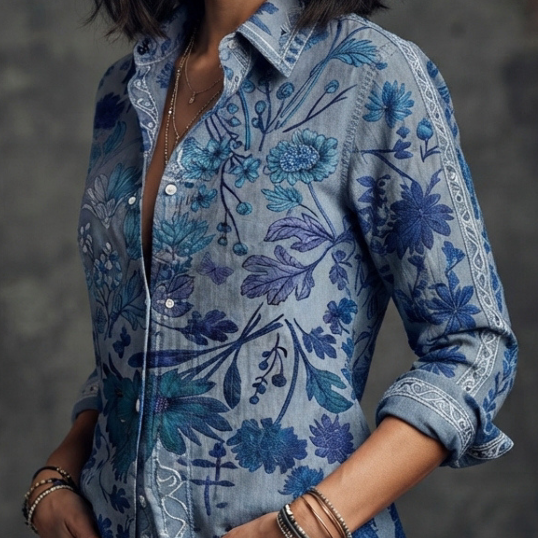 Damen Bluse mit Bandkragen, teilweiser Knopfleiste, kurzen Puffärmeln, Smockbündchen, Allover Blumenprint