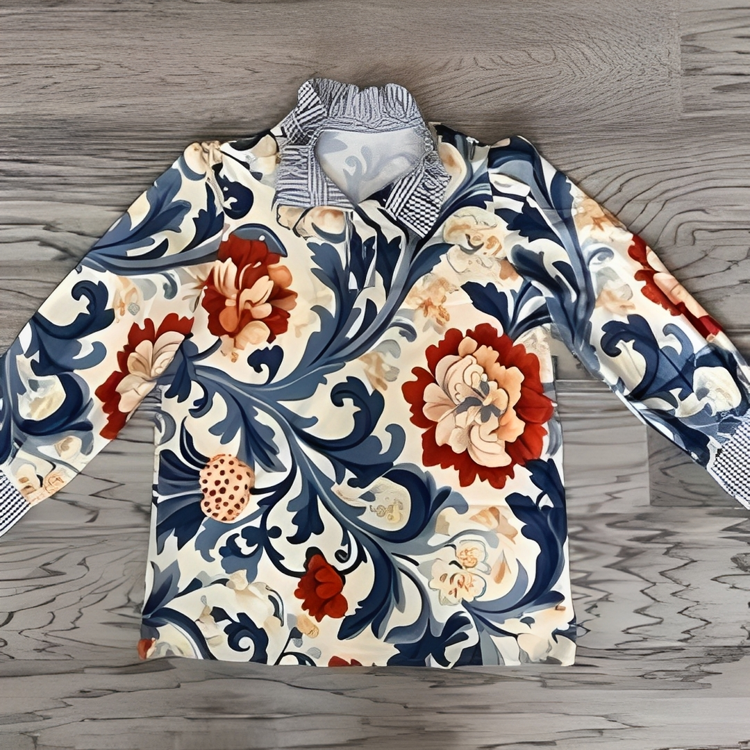 Damen Bluse mit Halbknopfleiste, Hemdkragen, lange Ärmel – lockere Passform, Alloverprint