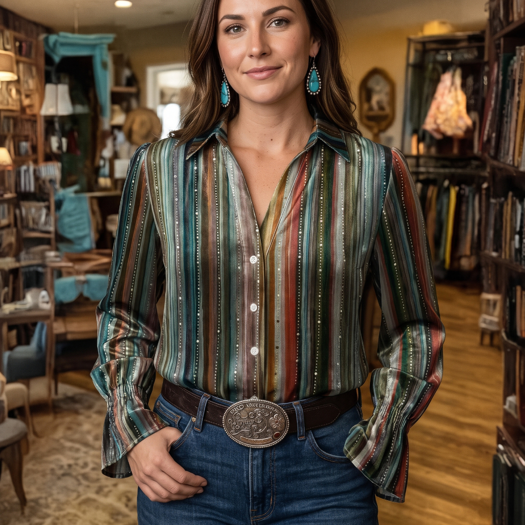 Damen-Bluse mit Kragen, lange Ärmel, Knopfleiste – lockere Passform, Ombre-Print