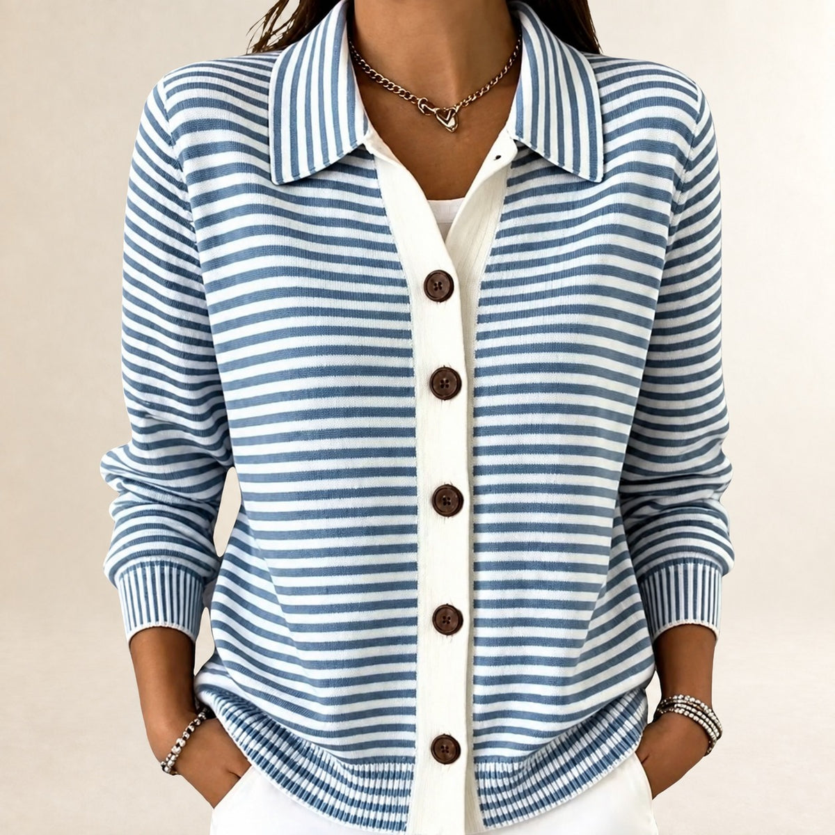 Damen Cardigan mit Reverskragen, Knopfverschluss, gestreift, langärmlig, hüftlang