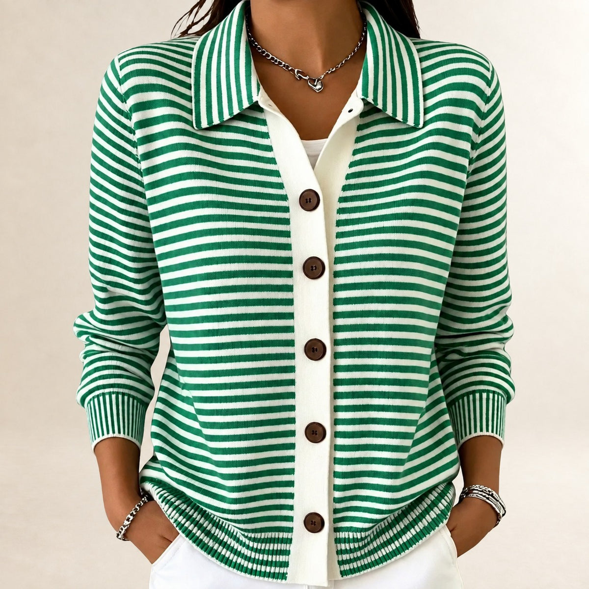 Damen Cardigan mit Reverskragen, Knopfverschluss, gestreift, langärmlig, hüftlang