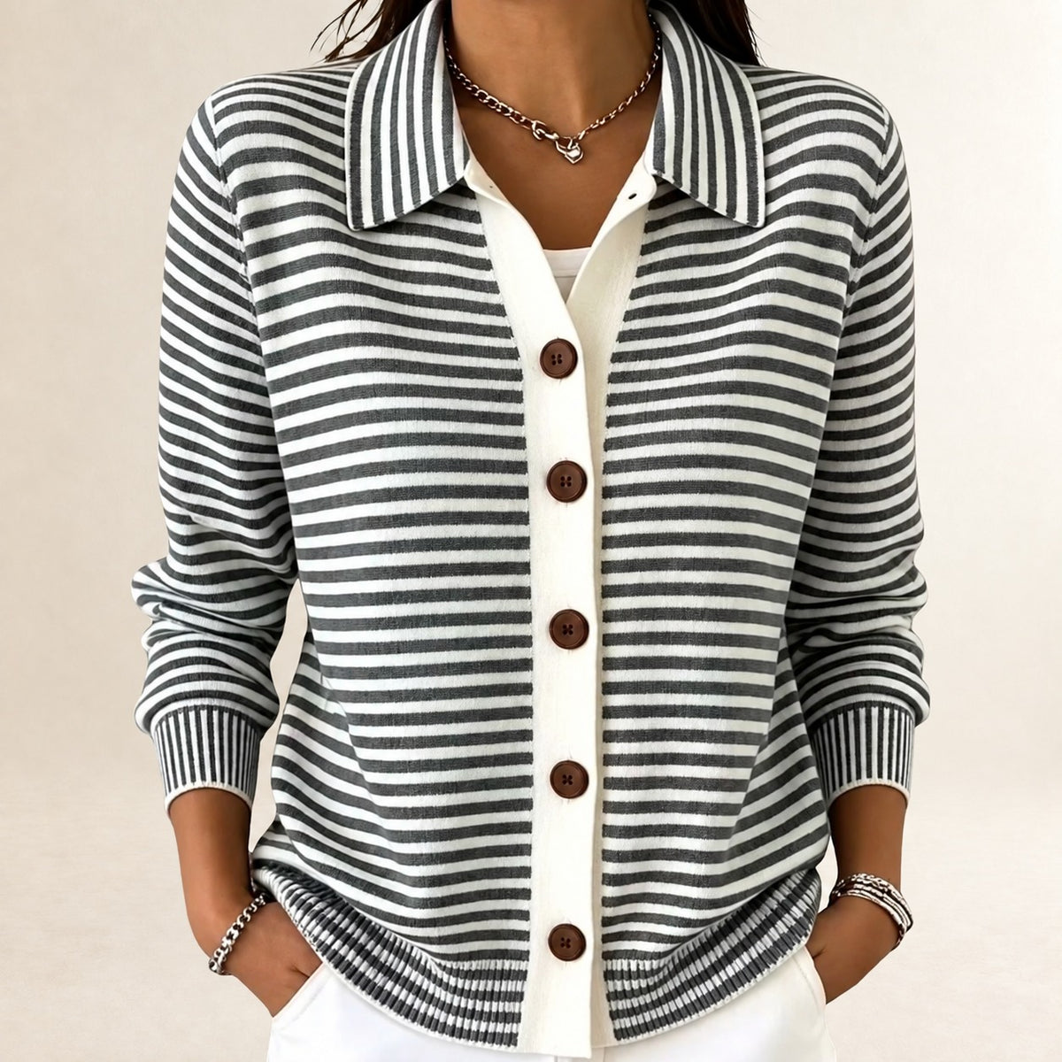 Damen Cardigan mit Reverskragen, Knopfverschluss, gestreift, langärmlig, hüftlang