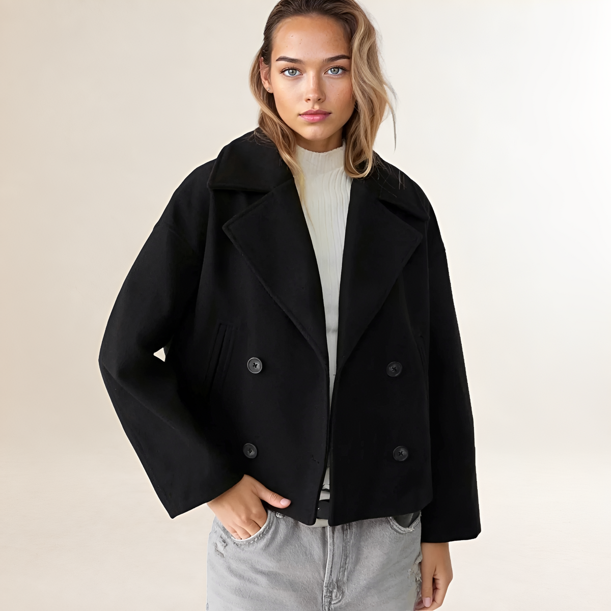 Damen Doppelreihige Jacke - Cropped Design, Reverskragen, Knopfverschluss