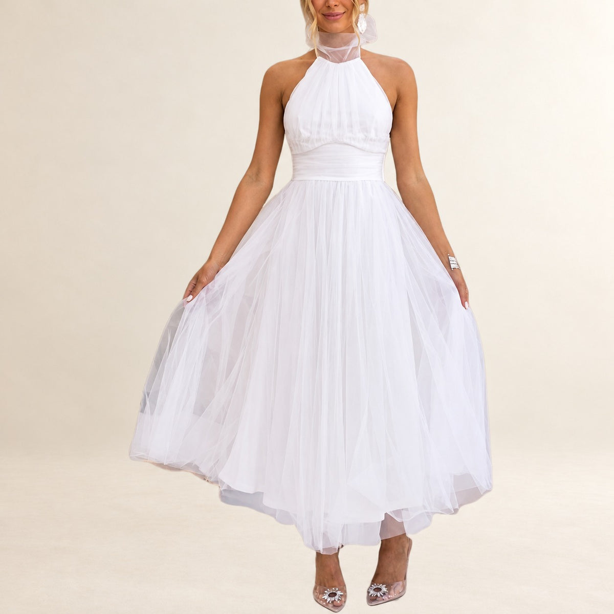 Damen Halterkleid knöchellang mit verstellbarem Halterneck, gerafftem Oberteil und ruchiertem Taillenbund, unsichtbarer Rückenreißverschluss