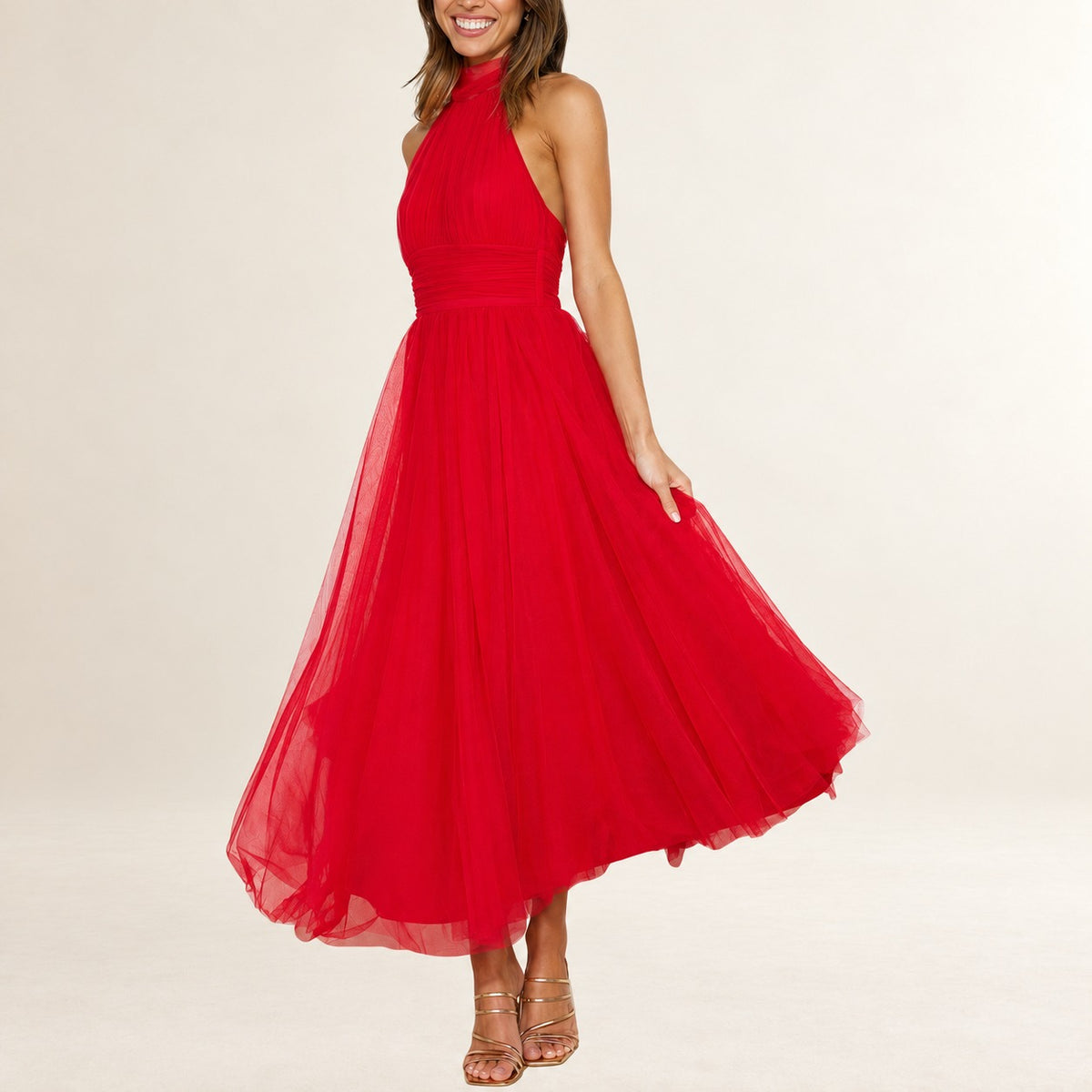 Damen Halterkleid knöchellang mit verstellbarem Halterneck, gerafftem Oberteil und ruchiertem Taillenbund, unsichtbarer Rückenreißverschluss