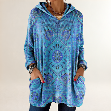 Damen Hoodie Tunic-Langarm Relaxed Fit mit Taschen Retro Ethno-Print