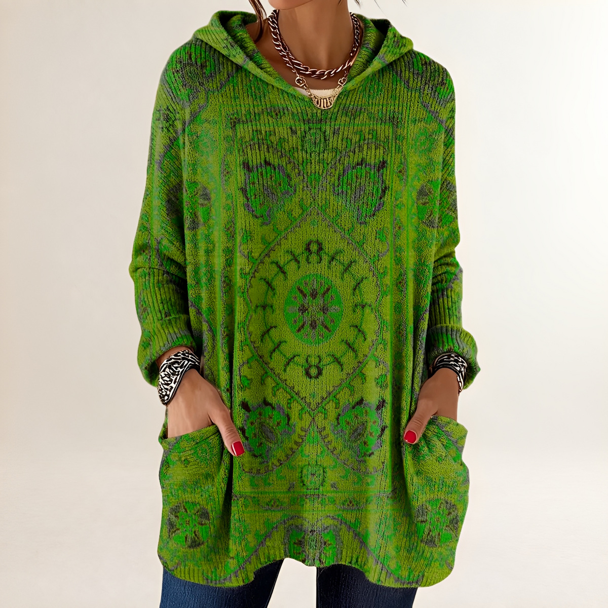 Damen Hoodie Tunic-Langarm Relaxed Fit mit Taschen Retro Ethno-Print
